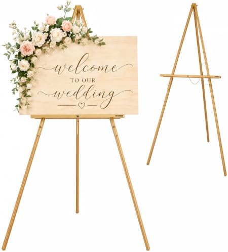 VISWIN Upgraded 63" Gold Wooden Easel Stand for Sign, Tripod Easel for Wedding Sign Stand, Welcome Board, Poster, Picture, Canvas Art Easel Floor with Tray for Display & Painting