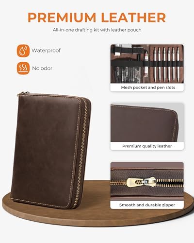 STAGEEK 20Pcs Silver Metal Mechanical Pencil Set with Leather Case | 5PCS Art Drafting Pencils, 0.3, 0.5, 0.7, 0.9, 2.0MM Drawing Pencils, 9 Tube (4B 2B HB 2H Colors) Lead Refills, Erasers