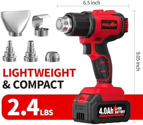 Cordless Heat Gun, Max 550°C (1022°F), Hot Air Gun Kit with 5 Nozzles & 2x4.0Ah Batteries, Fast Heating, 2-Temperature Setting, Portable Heat Gun for Shrink Tubing, PVC Wrap, Crafts (Red)