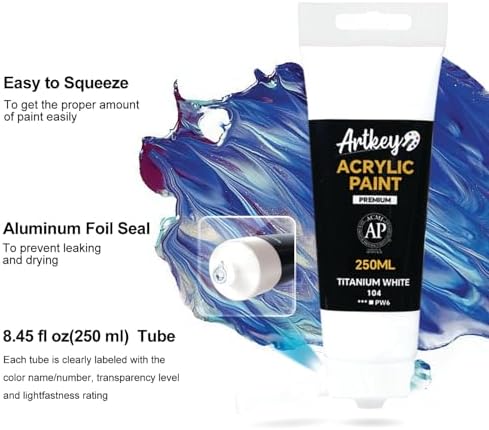 Artkey Acrylic Paint - Titanium White (250 ml/8.45 oz) Tubes, Rich & Vibrant Pigments, Professional Artists Acrylic Paints - Art Supplies for Canvas Wood Rock Clay Fabric Ceramics Art Crafts Painting