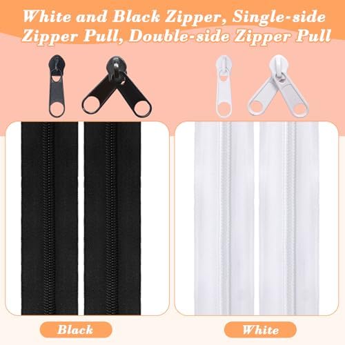 42 Yards Black White #5 Nylon Coil Zippers with 80P Pull Head, 10P Double-Side Zipper, Scissor, Ruler, Assorted Length Sewing Zipper for DIY Sewing Craft Zipper Tape for Clothes, Purse Making(Model 4)