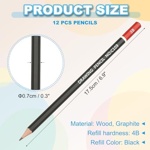 PATIKIL 3B Drawing Pencils for Sketching, 12PCS Sketch Pencils for Drawing Art Pencils Graphite Wood Pre-sharpened for Drawing Sketching Artists, 3B Pencils Black Red Rod