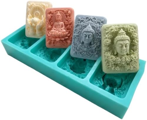 Buddha Lotus Silicone Soap Mold 4 Cavity, Mandala Flower Relief Mold for Handmade Soap, Candle Making & Aromatherapy Crafts, Reusable DIY Mold for Wax, Resin, Plaster, Chocolate and Decorative Gifts