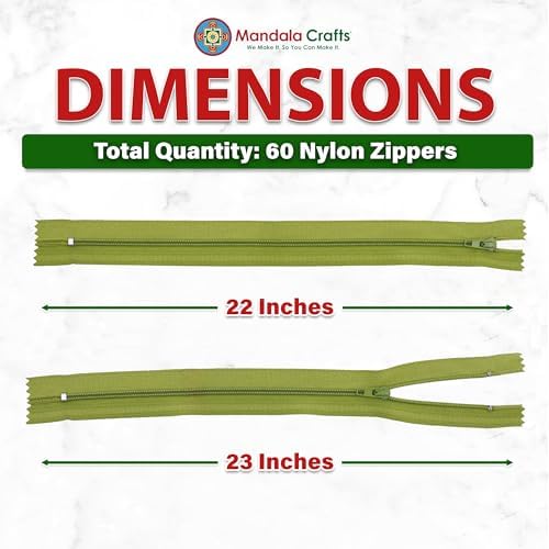 Mandala Crafts 60 PCs Dill Green Closed-End 22 in Nylon Zippers for Sewing