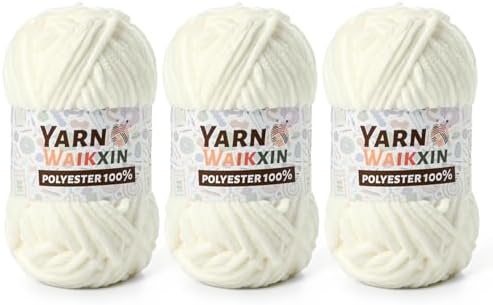 3 White Soft Chenille Yarn for Crocheting, Fluffy Chunky Crochet Yarn for Baby Blanket, (10.58oz/393yds) Fuzzy Velvet Yarn for Amigurumi&DIY Puzzle、Crafts、Scarf