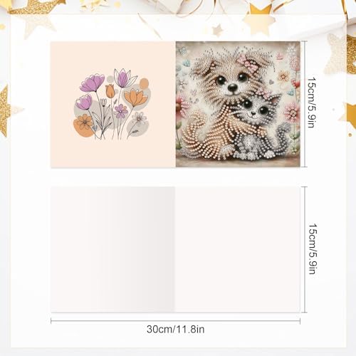 6 Pcs 5D Diamond Painting Greeting Cards Kits, Handmade Festival Greeting Cards with Envelopes DIY Diamond Art Crafts Birthday Cards Laser Effect for Birthdays Holidays Celebrations (Cat Dog Cuddling)