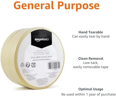 Amazon Basics Low Tack Masking Tape, General Purpose, Hand Tearable, Removes Easily, for Labeling, 0.7 inch x 180 feet, Beige, 3-Pack