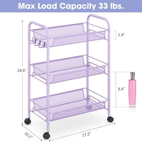 TOOLF 3 Tier Rolling Cart, Metal Utility Storage Cart with Wheels, Purple | 3 Hooks, Screwless Assembly, Trolley Organizer for Bathroom, Kitchen, Office, Nursery, Dorm, Laundry Room