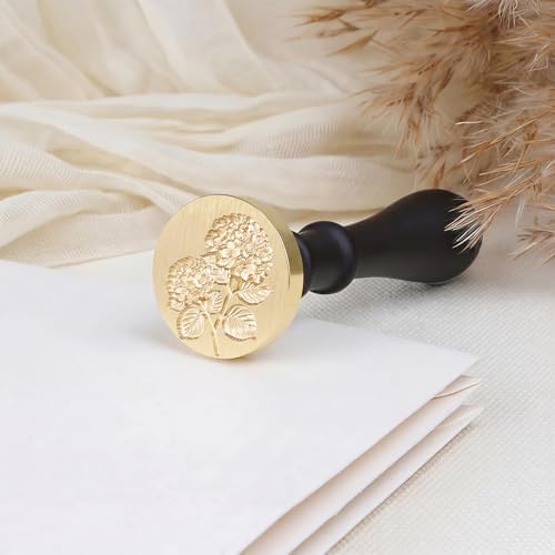 UNIQOOO 3D Embossed Relief Double Hydrangea Flowers Wax Seal Stamp with Wooden Handle, Vintage Brass Twin Floral Botanical Stamp Head for Wedding Invitations, Envelope Sealer, DIY Craft, Gift Wrapping
