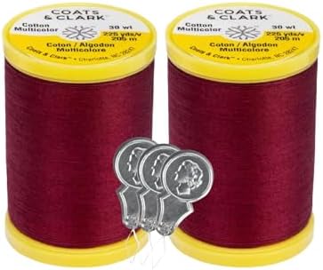 Coats & Clark Cotton All Purpose Sewing Thread 100% Mercerized Cotton 225 Yards Each Spool S970 2 Pack Bundle with 3 Bella's Crafts Needle Threaders (Barberry Red)