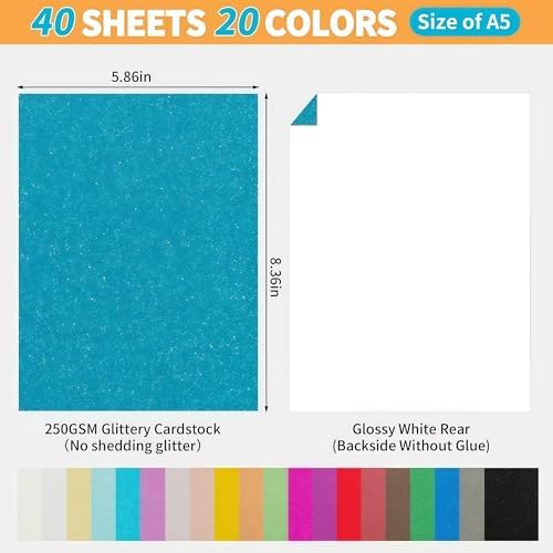 20 Colors 40 Sheets Glitter Cardstock,Cardstock Paper,Premium Sparkly Cricut Cardstocks,A5 Glitter Paper for Arts Crafts,Card Making, Scrapbook Supplies for DIY Project