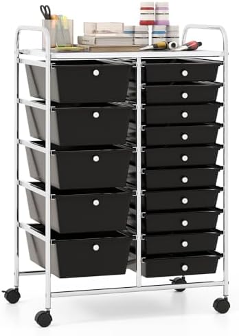 Giantex 15 Drawer Rolling Storage Cart Tools Scrapbook Paper Office School Organizer, Black
