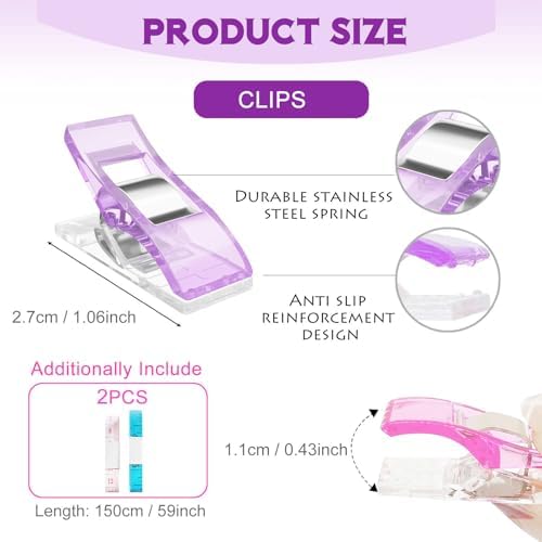 Premium Plastic Clips, Multipurpose Sewing Clips Premium Quilting Clips Assorted Colors Fabric Clips for Sewing Supplies Quilting, Sewing Quilting Supplies, 50 Pcs Clips, Add Two Rulers