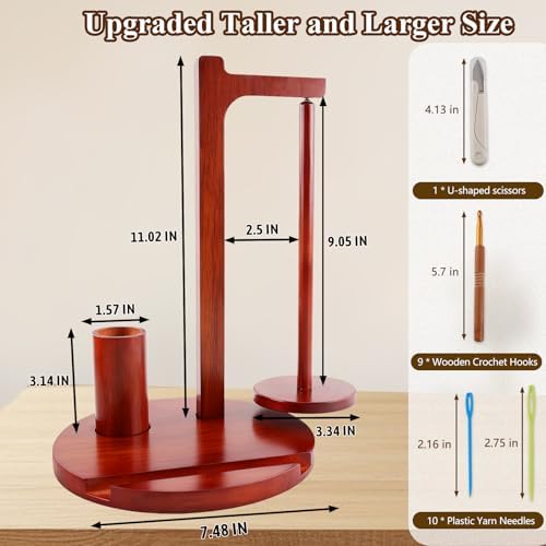 Yarn Holder for Crocheting and Knitting, Wooden Magnetic Yarn Spinner Rotating Holder with Crochet Hooks and Needles, Phone Stand and Storage Organizer, Ideal Gift for Knitting Lovers