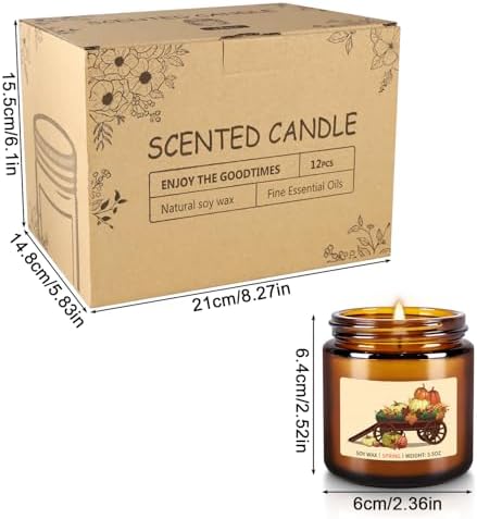 Autumn Harvest Scented Candles Gift Set – 12 Pack Fall Soy Wax Candles with Essential Oils, 3.5oz Amber Jar Candles for Home Decor, Thanksgiving & Halloween Gifts