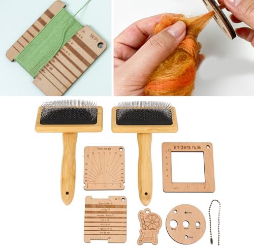 Knitting Measure Tool Set with Wooden Knitting Gauge, Crafted Beech Wood Yarn Measuring, Needle Felting Tools, Wool Brush for Fiber Crafting Projects