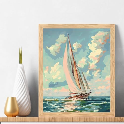 Natuyalo Paint by Numbers Kit for Adults Beginners, 16" Wx20 L Canvas Pictures Drawing Acrylic Paintwork with 3 Pcs Paintbrushes, Sailboat in Waves