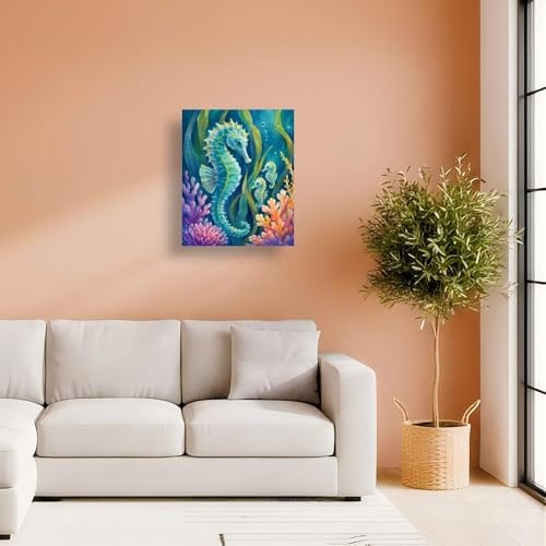 Ocean Animals Digital Painting Kit for Adults - DIY Seahorse Family Coral Reef Oil Painting on Canvas 16X20IN framed, Acrylic Paint Kit, Good for Beginners, Coastal Home Decor or Gift Artwork