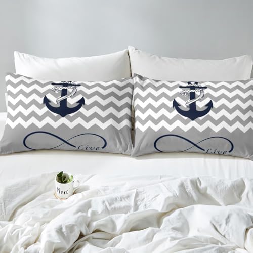 Nautical Style Bed Sheet Set King Size Anchor Rope Mattress Cover Modern Stripes Geometric Sheets for Boys Girls Bedroom Gray White with Flat,Fitted Sheet Pillowcase 4Pcs