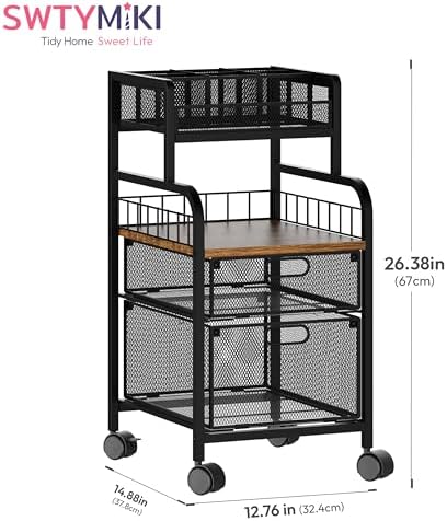 SWTYMIKI Rolling Cart with Drawers - Metal Craft Cart with Wheels, DIY Divider and Wood Shelf, Art Supply Organizer for Under Desk Storage, Utility Storage Cart for Home Office Studio, Espresso