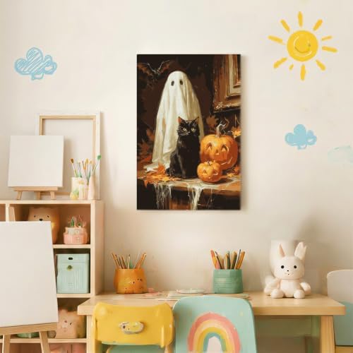 Spandrel Halloween Ghost Framed Paint by Numbers Kit for Adult, Black Cat Paint by Number Kits on Canvas, DIY Acrylic Oil Pumpkin Painting by Numbers for Home Wall Decor, 8x12in