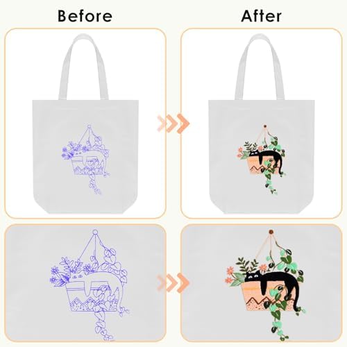 ERKOON Embroidery Canvas Tote Bag for Beginners, Needlepoint Arts Crafts Cross Stitch Kits for Adults Including Stamped Embroidery Bag with Hoops, Needle, Instruction and Color Threads (Cat)