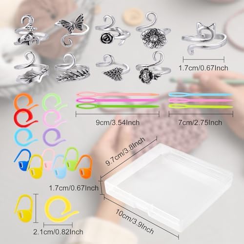 HUISUYTON 9PCS Crochet Ring for Finger with 30 Stitch Markers & 6 Needles