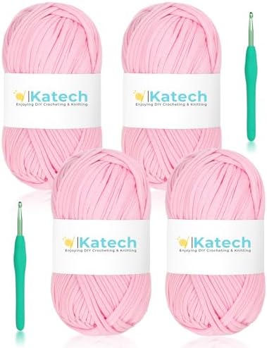 Katech 400g T Shirt Yarn for Crocheting, Elastic Fabric Yarn for Bag-Pink