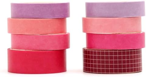 YUBBAEX 8 Rolls Basic Washi Tape Set Solid Color Grid Masking Decorative Tapes for Arts, DIY Crafts, Journals, Planners, Scrapbooking, Wrapping (Rosered)