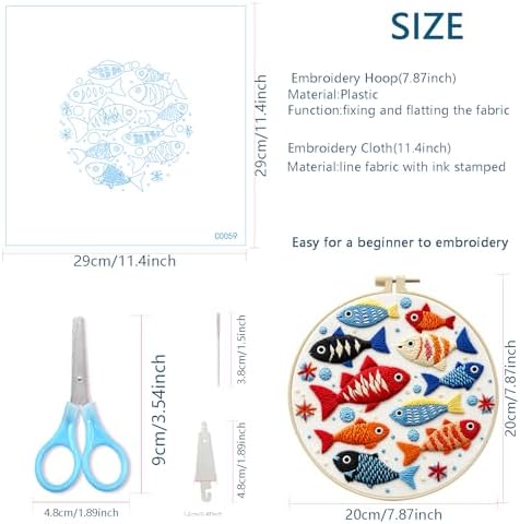 Zhenqing Colorful Fish Embroidery Kit for Beginners, Ocean Fish Needlework Craft, Pre-Printed Cotton Fabric with Hoop, Threads & Tools, 29x29cm (C0059)