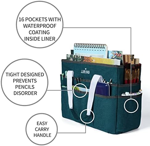 JJRING Craft Organizer Tote Bag Large Art Storage Caddy Bluish Green | With Multiple Pockets For Sewing, Scrapbooking, School, Medical, And Office Supplies