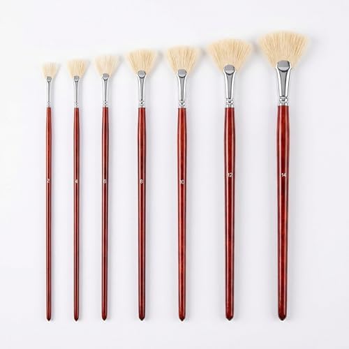 Fan Brush for Painting, 7-Piece Fan Brushes for Artists | 7 hog bristle fan brushes with birch handles for artists painting acrylic, oil & watercolor at home, school or studio.