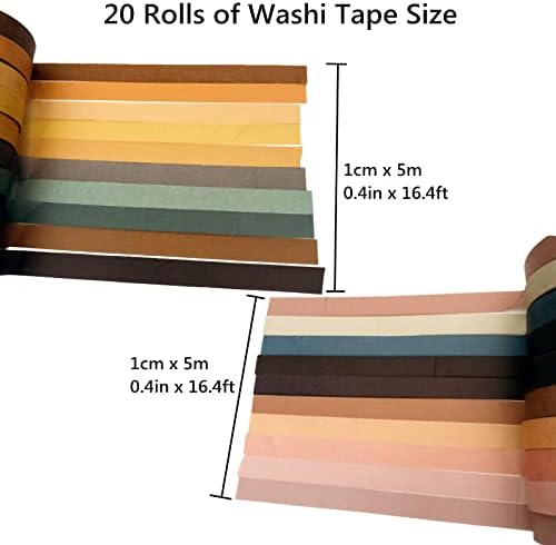 20 Rolls Washi Tape Set,10 mm x 5m Decorative Colored Masking Tapes for Scrapbooking, Junk Journal, Planners, DIY Crafts, Gift Wrapping