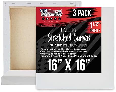 U.S. Art Supply 16"x16" Stretched Canvas for Painting, Gallery Depth 3-Pack | Large, 1-1/2" Thick - 12oz Acrylic Gesso Triple Primed, Professional Artist Quality, 100% Cotton - Oil, Pouring Paint