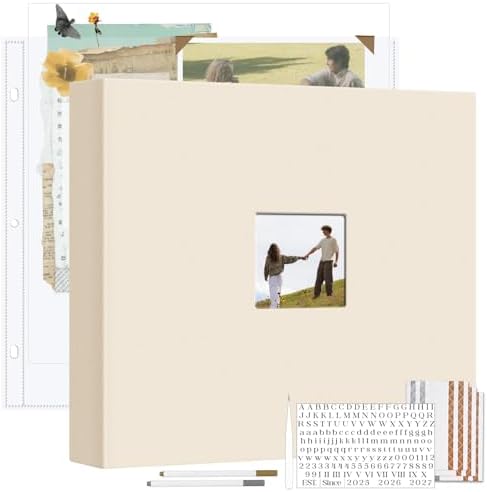 Vienrose Linen Scrapbook Photo Album Kit, Large 3 Ring Binder Scrapbook with 30 Plastic Sleeves, 15x13 Inch DIY Memory Book for Wedding, Anniversary, Family & Kids Keepsake Gift, Beige