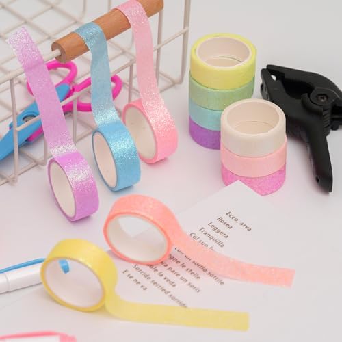 Glitter Washi Tape Set 6 Rolls Sparkling Foil Decorative Sprinkle Colored Masking Tapes for Arts, DIY Crafts, Journals, Planners, Scrapbook, Wrapping (6 Colors)