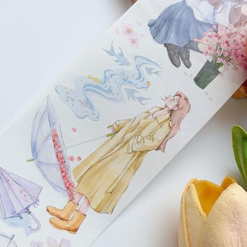 WT Pre-Cut Morning Drizzle Wide Washi Tape, Single Roll, Original Cozy Rainy Day Designs, Decorative Japanese Paper Tape for Journaling, Scrapbooking, Planner & DIY Crafts, 65mm×5m