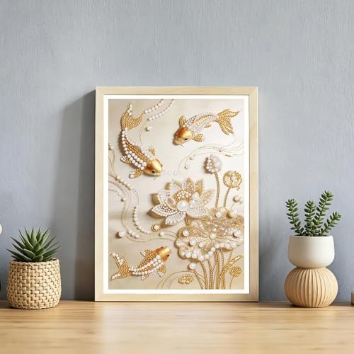Goldfish Diamond Pearl Painting Kits for Adults, Special-Shaped Lotus Diamond Art Pearl Painting Kits for Beginner Diamond Art Paintings Gem Art Kits Diamond Dots Kits 12x16 Inch