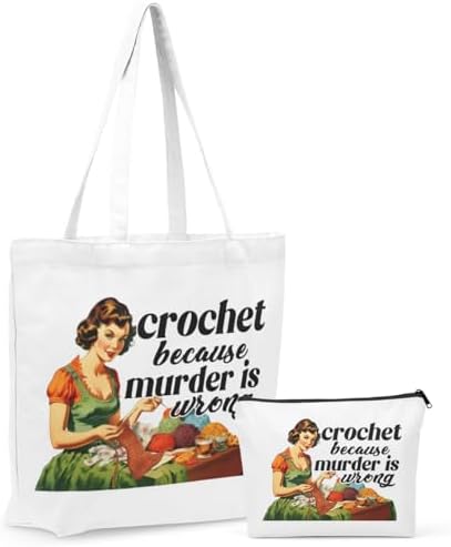 Crochet Knitting Supplies Canvas Tote Bag Makeup Bag Set, Crochet Accessories Gifts for Women Grocery Cosmetic Bags