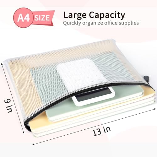 Umriox 12 Pack A4 Black Mesh Zipper Bags, Document File Storage Organizer