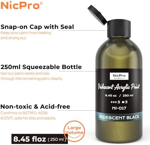 Nicpro Iridescent Black Acrylic Paint, 8.45oz Large Black Metallic Paint | Color Shifting Glitter Craft Paint, Non-Toxic Art Painting Supplies, for Canvas Rocks Wood Glass Ceramic Fabric