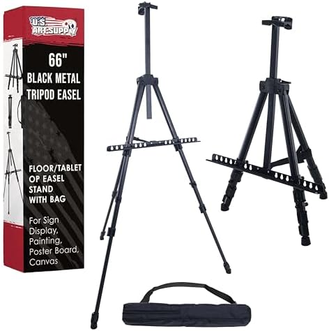 U.S. Art Supply 66" Black Metal Tripod Easel Display