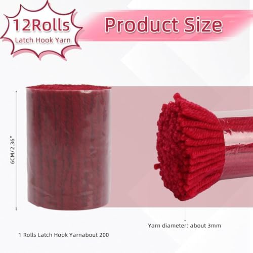 AKZYTUE 12 Rolls Latch Hook Yarn, Precut Rug Yarn for Latch Hook Kits, Crochet Yarn Bundles for Latch Hook Rug Making, DIY Tapestry Crafts for Adults & Beginners,Rose Red