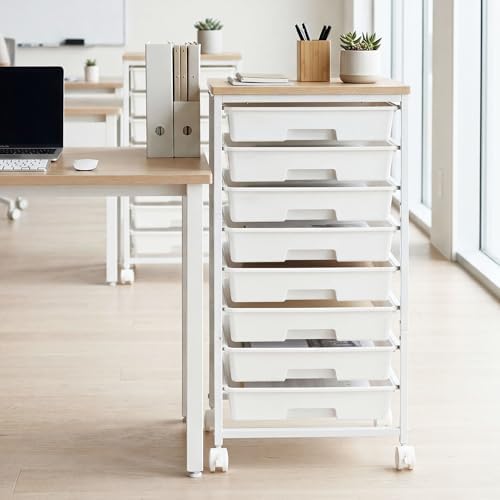 Rolling Cart with 8 Drawers, Rolling Storage Cart with Wooden Tabletop and Lockable Wheels, Craft Storage Cart for Living Room, Office, Classroom, Craft Room, Bedroom, Craft Organization and Storage