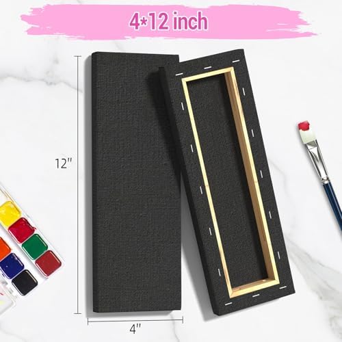 Stretched Canvases for Painting, 4x12 Inch Painting Supplies for Artists, Black Blank Canvas Pack, 3-Pack for Acrylic, Oil and Gouache Paints