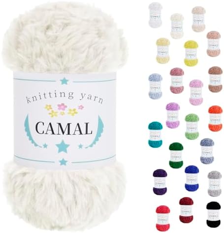 CAMAL Soft Faux Fur Yarn for Crocheting Blanket, 65 Yards Chunky Eyelash Yarn for Knitting Hats, 100 Grams Fuzzy Velvet Crochet Thread for Dolls, Earmuffs, Bags (Milk White)