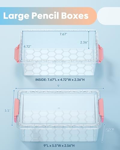 BiuLeon 8 Pack Large Pencil Box Set, Plastic Clear Pencil Case Marker Organizer, Crayon Box Craft Organizers, Stackable Storage Containers with Lid for Pen, Art and Craft Supplies(Color)