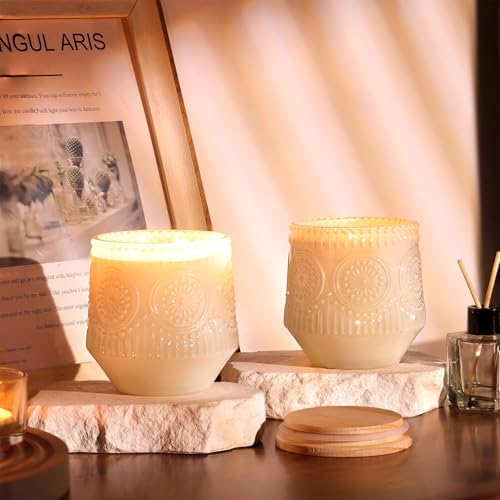 LAMORGIFT 6 Pack Milky White Candle Jars for Making Candles- Large 13.5oz Glass Jars with Wooden Lids and Labels, Empty Candle Jars, Candle Containers Vessels for Candle Making Supplies