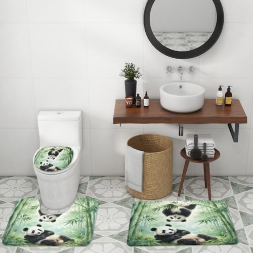 Oil Painting Animal Panda 4Pcs Shower Curtain Sets,Watercolor Spring Forest Bamboo Trees Bathroom Decor Set,Funny Cute Panda Bears Toilet Lid Rug, Bath Mat and Contour Mat