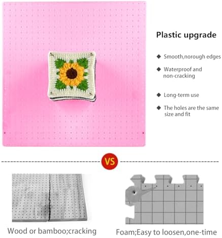 wuher 13''Granny Square Blocking Boards for Crochet Projects, Crochet Blocking Board with 20 pegs, Large-Sized Plastic Blocking Board is a Gift for Crochet Enthusiasts and Beginners (Pink)